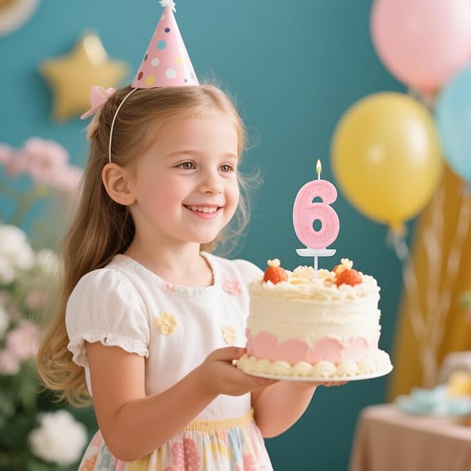Pink Number Birthday Candles, Romantic Cake Glitter Pink Number Candles Anniversary Cake Topper Decoration Cute Birthday Party Supplies for Wedding Anniversary Celebration Supplies (6)