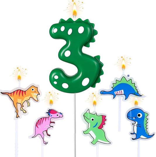 Number 3 Dinosaur Birthday Candles Set, Dino-Themed Cake Candle 3 2.75 Inch Green with 5Pcs Dinosaur Candles for Birthday Parties Celebration
