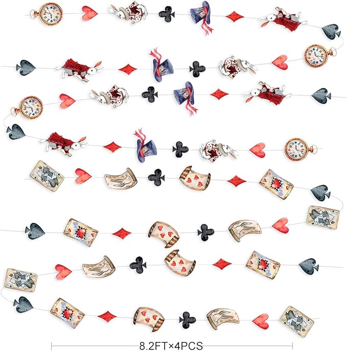 Vintage Wonderland Party Decorations Retro Bunny Poker Pocket Watch Mad Hat Hanging Streamer Garland Banner for Vintage Easter Spring Birthday Baby Shower Bachelorette Tea Party Decorations Supplies