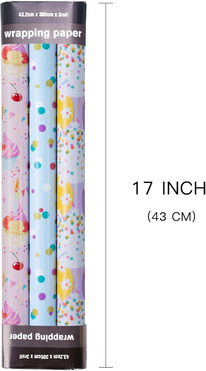 LeZakaa Cupcake Birthday Wrapping Paper Roll, Cupcake, Ice Cream, Balloon, Polka Dot in Blue for Birthday, Baby Shower Party Favor for Kids, Baby Girl, Women, Mini Roll, 17 x 120 inches, 3 Rolls