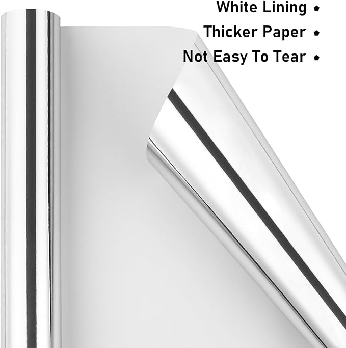 NESCCI Silver Metallic Wrapping Paper, Solid Color Paper,Gift Wrapping Paper,Perfect for Wedding,Valentine's Day,Birthday, Christmas,Baby Shower,DIY Bouquet (17 Inches X 32.8 Feet)
