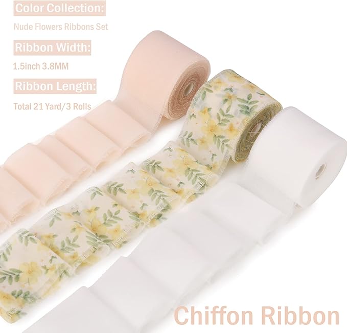 Handmade Fringe Floral Silk Chiffon Ribbons 1.5" x 7 Yards, 3 Rolls 21 Yards Nude Floral Ribbons Set for Wedding Invitations, Bridal Bouquets, Gifts Wrapping, DIY Crafts Decoration