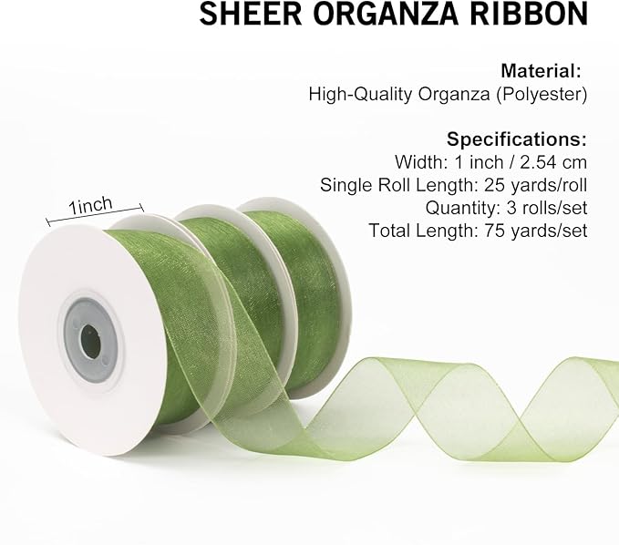 Sage Green Organza Ribbon - 1 Inch x 75 Yds, Light Green, Clear, Chiffon, Tulle for Gift Wrapping, Christmas, Wedding, Invitations, Wreaths, Bows, Crafts