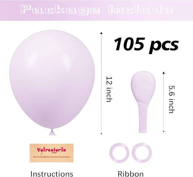 Voircoloria 105pcs Pastel Purple Balloons 12inch Party Latex Balloons for Boys Girls Birthday Baby Shower Gender Reveal Wedding Sunflower Party Decorations