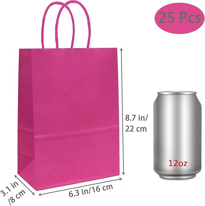 ADIDO EVA 25 PCS Hot Pink Gift Bags Small Paper Bags with Handles for Party Favor (8.2 x 6 x 3.1 in, Hot Pink)
