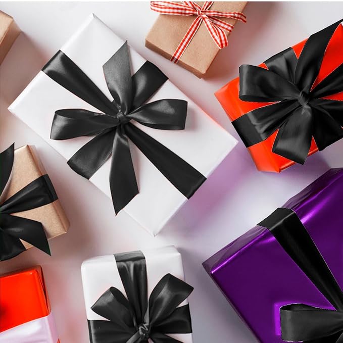 4pcs Black Ribbon 1 Inch X 100 Yards Black Satin Ribbon Thick Halloween Ribbons Wrapping Ribbon for Holiday Party Cake Decor Homecoming Wreath Bows Baby Shower Presents Hat