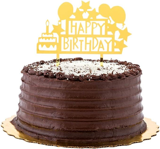 Restaurantware Top Cake 5.8 x 5.3 Inch Happy Birthday Cake Topper 1 Mirrored Birthday Cake Decoration - With Stars Balloons And Cake Durable Gold Acrylic Birthday Topper For Cakes