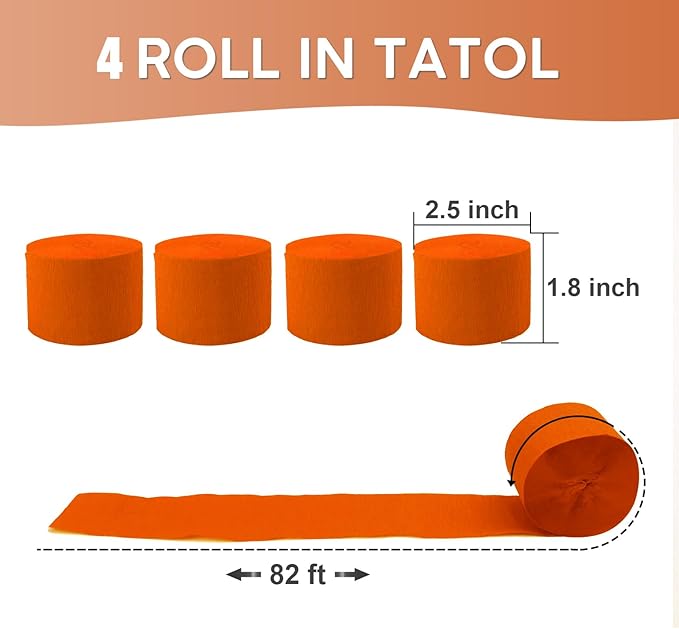 4 Rolls Crepe Paper Orange Streamers – Perfect for Streamers Party Decorations, Wedding, Birthday, Colored Decor, and DIY Craft Supplies(1.8 Inch x 82 Ft/Roll)
