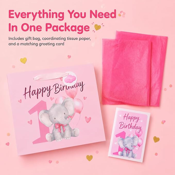 Powbrace 13" Pink Happy Birthday Gift Bag with Tissue Paper and Greeting Card for Party,Happy Birthday Gift Bag for Girls Babies,Gift Bags Medium size(1 PCS Pink Cartoon)
