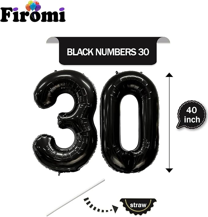 FIROMI 30 Number Balloons Black Big Giant Jumbo Mylar Foil 30 Balloon Numbers for 30th Birthday Party Anniversary Decorations 40-inches