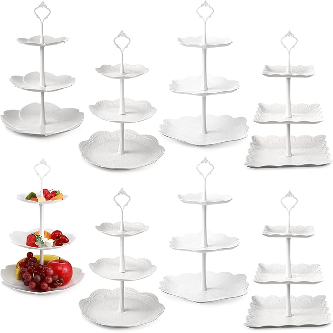 8 Sets 3 Tier Cupcake Stand Plastic Tiered Serving Stand 3 Tier Serving Tray Round Flower Square Hexagonal White Dessert Table Display Set Candy Cupcake Tower Pastry Cupcake Holder for Party Wedding