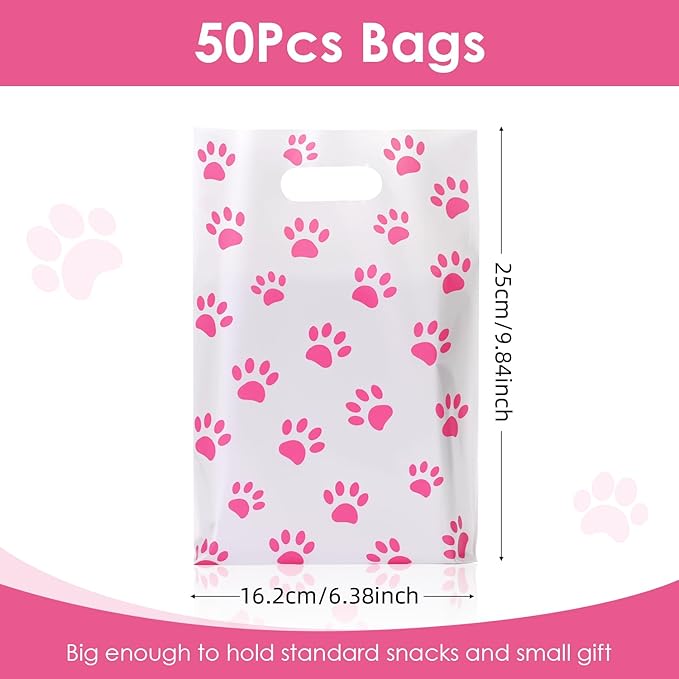 HappFestiv 50 Pcs Pink Dog Paw Party Favor Bags, Cute Puppy Plastic Goodie Bags for Candy & Small Gifts, Dog Paw Party Decorations and Supplies Treat Bags, Gift Bags for Birthday Party Baby Shower