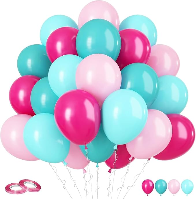 Teal and Pink Balloons, 60PCS Teal Pink Balloon Set, 12 Inch Blue Rose Red White Latex Metallic Confetti Balloons for Baby Shower Birthday Wedding Bridal Shower Hawaii Summer Party Decor
