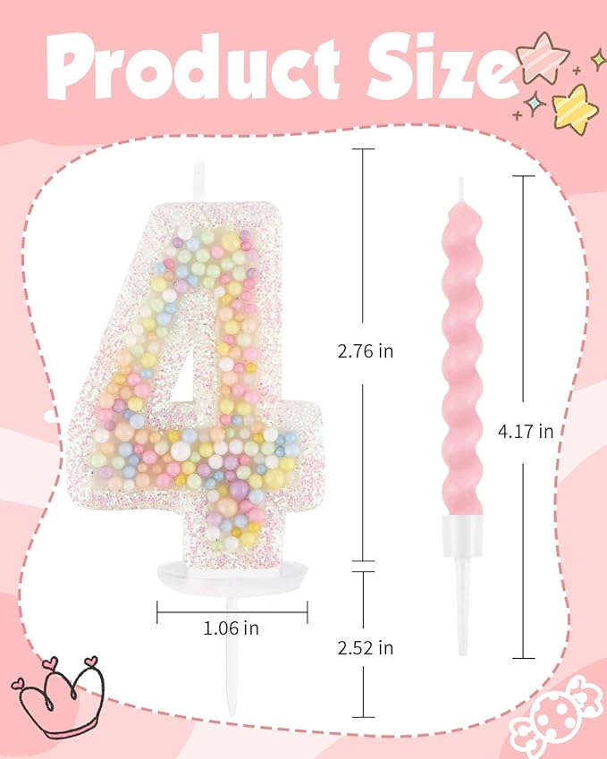 Birthday Candles for Cake, Pink Number Candles, Cake Candles with Greeting Card for Birthday Party Wedding Anniversary Celebrations（4 Candle,White Number Macaron）
