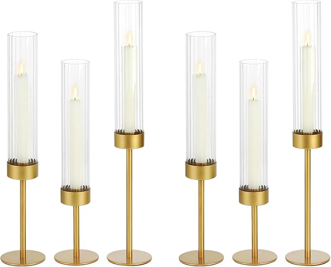 Glass Hurricane Candle Holders Set of 6-Gold Metal Base Taper Candle Stick Holders for CandlesticksHolder Decor, Elegant Dining Table Centerpiece for Wedding, Christmas & Home Decor-Ribbed Glass