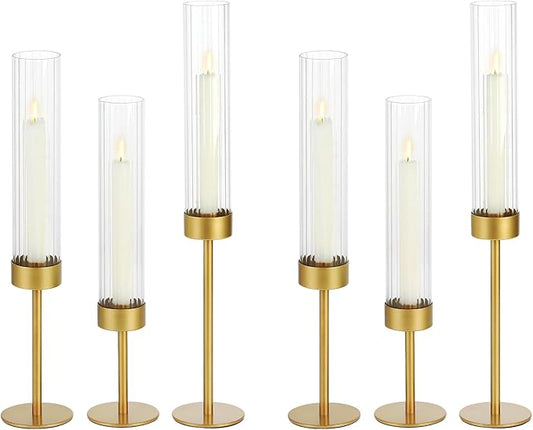 Glass Hurricane Candle Holders Set of 6-Gold Metal Base Taper Candle Stick Holders for CandlesticksHolder Decor, Elegant Dining Table Centerpiece for Wedding, Christmas & Home Decor-Ribbed Glass