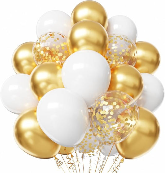 White and Gold Balloons, 50pcs 12 inch Gold and White Confetti Balloons for New Years Theme Party Supplies Wedding Birthday Graduation Party Decorations
