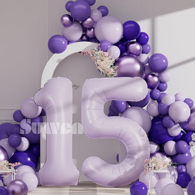 SUWEN 40 Inch Light Purple Large 15 Balloon Number Big Foil Helium Lavender Number Balloons Huge Mylar 0-9 Giant Jumbo Happy 15th Birthday Party Anniversary Decorations