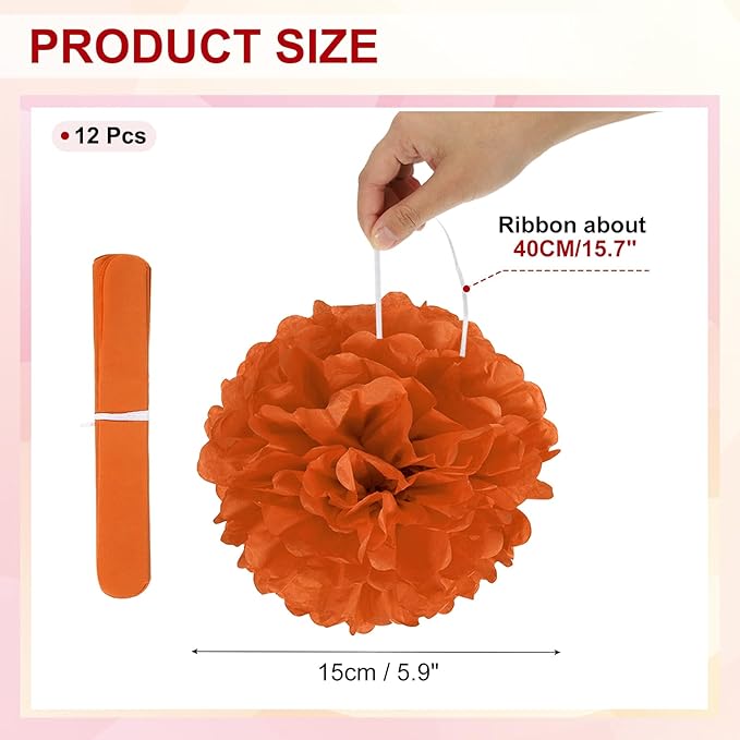 PATIKIL 6inch Tissue Paper Pom Poms, 12PCS Pom Poms Paper Flowers Ball Tissue Paper Flowers for Wedding Bridal Shower Birthday Bachelorette Party Backdrop Decoration, Orange Red