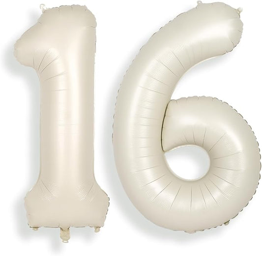 SUWEN 40 Inch Cream White Large 16 Number Balloons Big Foil Helium Number Balloons 0-9 Jumbo Happy 16th Mylar Birthday Party Decorations for Boy or Girl 61 Anniversary Party Supplies