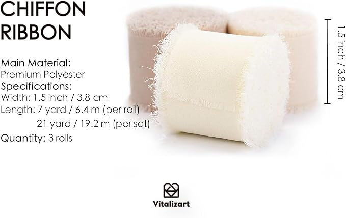 Vitalizart White Handmade Chiffon Silk Ribbon Fringe 1.5" x 21 Yd Nude & Ivory Frayed Edges Ribbons for Wedding Invitations Bridal Bouquets Gifts Wrapping Crafts Holiday Party Decorations