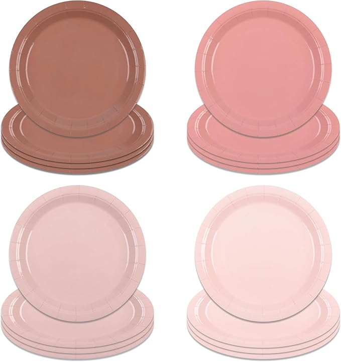 AimFun 24 Pcs Dusty Pink Paper Plates 7Inch Gradient Pink Party Plates 4 Colors Disposable Round Dessert Plates for Coquette Birthday Wedding Bridal Shower Party Supplies
