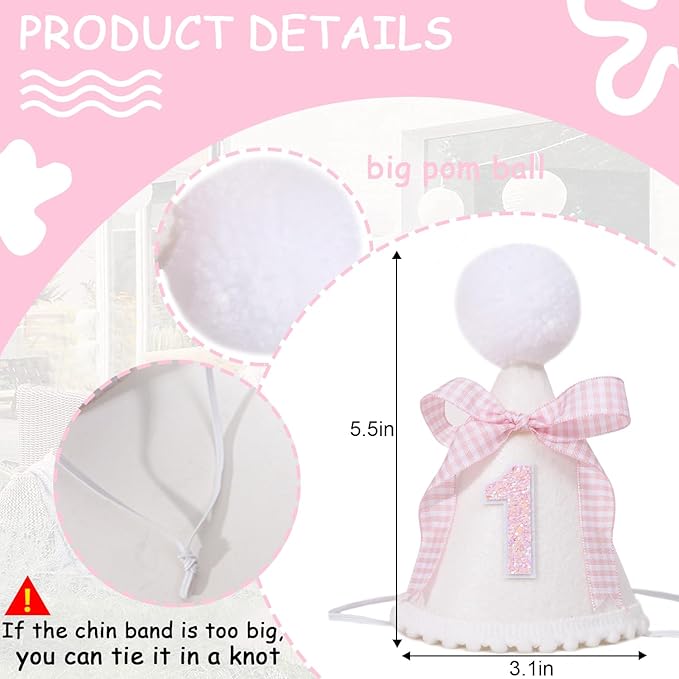 Pink Bow 1st Birthday Hat - Baby Girls 1st Birthday Crown, Pink First Birthday Decoration, Princess 1st Birthday Decor for Girls, Cake Smash Props