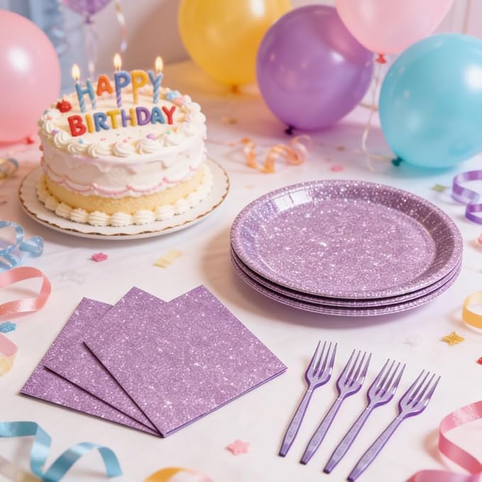 80Pcs Glitter Purple Paper Plates Set, Birthday Party Supplies Disposable Tableware Set Napkins and Forks, Birthday Decor for Girls, Kids Bachelorette & Graduation Parties, 20 Guests