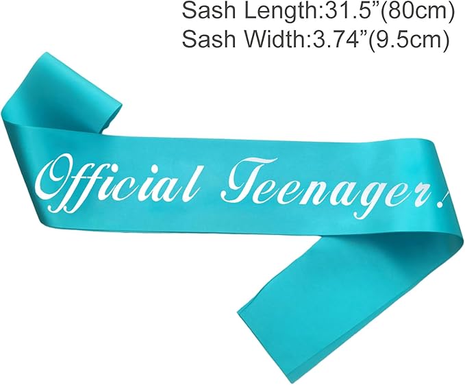 Silver Foil 'Official Teenager' Teal Sash for 13th Birthday Party Decorations & Gifts