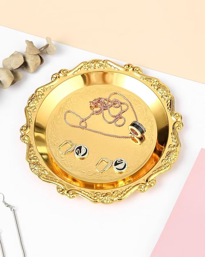 Gold Decorative Tray Set of 2, 8'' Round Vintage Metal Vanity Tray for Perfume, Small Ornate Jewelry Dish, Bathroom Counter Organizer, Coffee Table Decor
