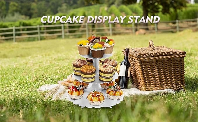 3-Tier White Cupcake Stand,Cardboard Dessert Display Tower, Versatile Party Serveware for Wedding Birthday All Occasions, Easy Assembly (2-Pack)