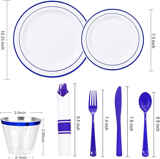 WELLIFE 210 Piece Blue Disposable Dinnerware Set,Plastic Plates for Party, Include: 30 Dinner Plates, 30 Dessert Plates, 30 Pre Rolled Napkins with Gold Silverware and 30 Gold Cups