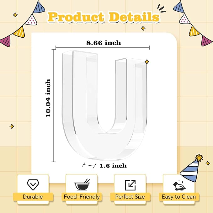 Ledido 10’’ Acrylic Letter Charcuterie Board Box, Reusable Fillable Serving Tray for Candy Cake Fruit Snack, Easy-Clean Acrylic Charcuterie Tray for Birthday Anniversary Party Decorations, Letter U
