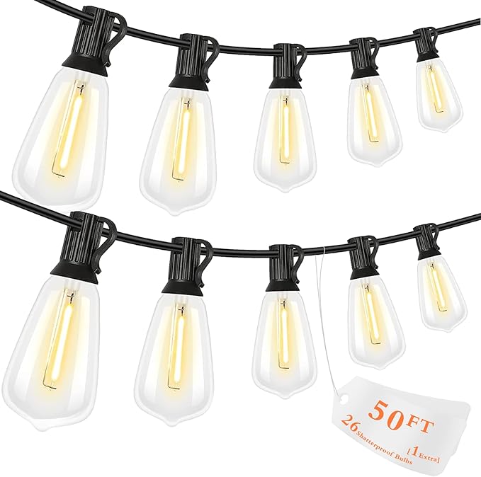 50FT LED Outdoor String Lights, Waterproof Patio Lights with 25+1 Edison Shatterproof Bulbs, Outside Hanging Light, Christmas Decorative for Patio, Cafe, Garden, Bar
