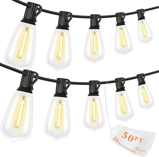 50FT LED Outdoor String Lights, Waterproof Patio Lights with 25+1 Edison Shatterproof Bulbs, Outside Hanging Light, Christmas Decorative for Patio, Cafe, Garden, Bar