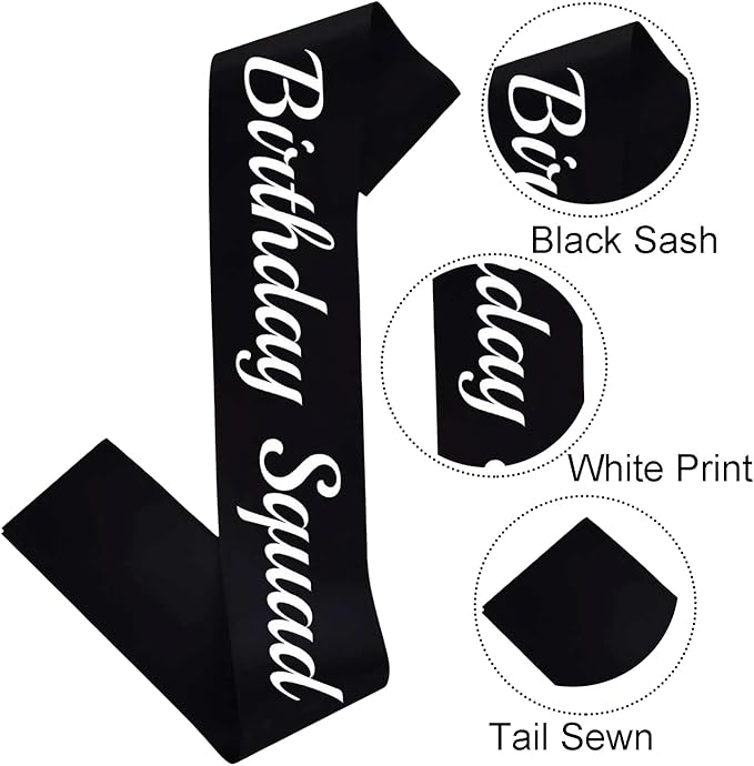 10 Pcs Birthday Squad Sash for women or girls 16th, 18th 21st 30th 40th 50th 60th or Any Other Bday Party Supplies Decorations (Black+White)