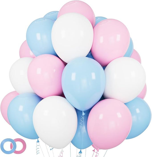 Pink and Blue Balloons 100 Pack 12 inch Pastel Pink Blue White Latex Party Balloons with 65ft Ribbon for Gender Reveal Baby Shower Birthday Bridal Shower Wedding Party Decorations Supplies