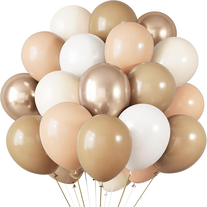 RUBFAC Beige and Champagne Balloons, 65pcs White and Brown Boho Gold Party Balloon for Neutral Birthday Bridal Baby Shower Wedding Party Decorations