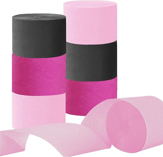 CC wonderland zone 6 Rolls Pink and Black Crepe Paper Streamers for Birthday Party Decorations