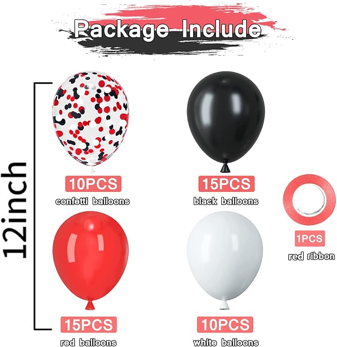 Red and Black Latex Balloons, 50 Pack 12 inch Black White Red Confetti Party Balloons with Ribbons for Birthday Graduation Wedding Bridal Shower Party Decoration