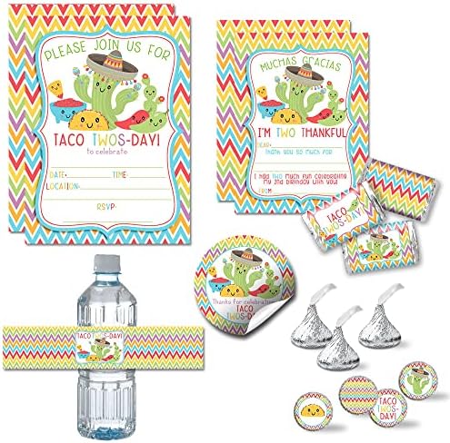Deluxe Taco Twos-Day 2nd Birthday Party Bundle Includes 20 each of Invitations & Thank You Cards with Envelopes + 2 Different Sizes of Stickers, Mini Candy Bar Wrappers, & Water Bottle Labels!