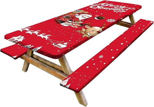 Picnic Table Cover with Bench Covers Set of 3, Elastic Fitted Tablecloth for 6 Foot Tables, Washable Polyester Tablecloths for Camping, Indoor & Outdoor