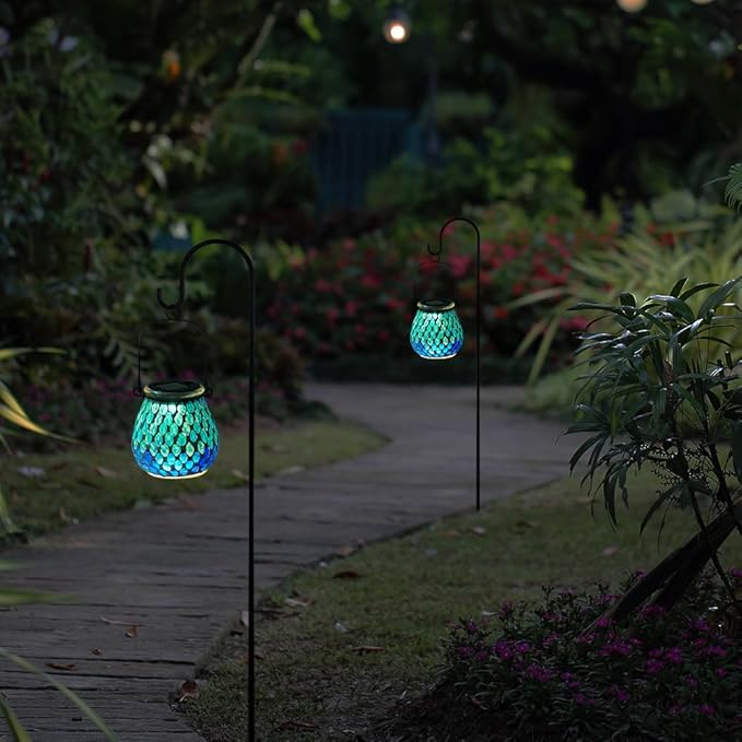 Starsoul 2 Pack Solar Lanterns Outdoor Waterproof, Elegant Blue Glass Mosaic Solar Lantern, Solar Hanging Lights Outside Patio Porch Yard Decor