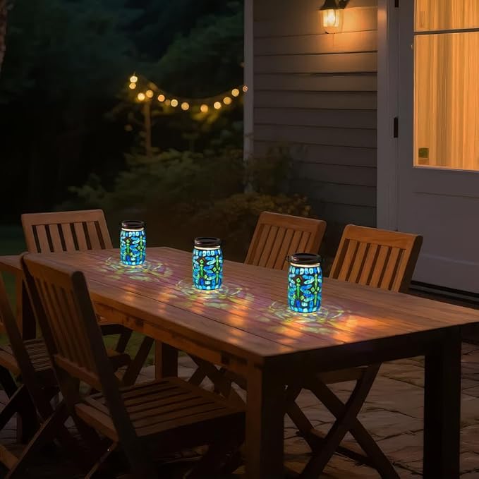 Starsoul 2 Pack Solar Hanging Lanterns Outdoor Waterproof, Mosaic Dragonfly Decor Glass Solar Outdoor Lights, Decorative Solar Lantern for Outside Pathway Patio Porch Yard Decor