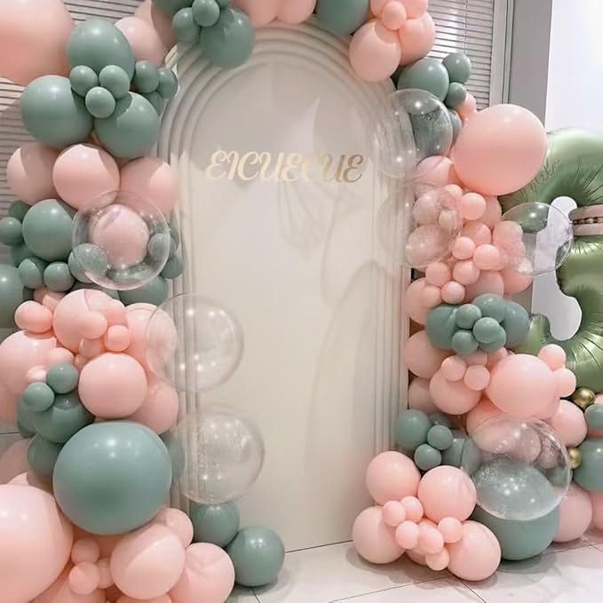 Pink and Green Balloons Garland Arch Kit 154Pcs - 5 10 12 18 inch Different Size Pink and Sage Green Balloons for Gender Reveal Baby Shower Hawaiian Birthday Summer Tropical Party Decorations