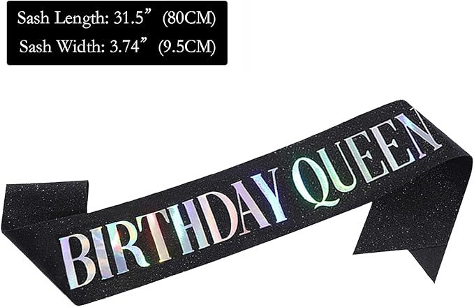 Birthday Queen Sash, Dazzle Foil Letter Glitter Black Birthday Sash for Women Girl 21st 30th 40th 50th 60th Funny Bday Gifts Party Favors Photo Prop