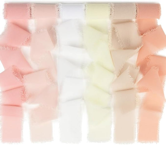 Handmade Fringe Chiffon Silk Ribbon 1.5 Inch x 3Yd Peach/Blush/Pink Soft Colorful Frayed Chiffon Ribbon for Wedding Invitation Flower Bouquets Gift Wrapping Bridal Shower