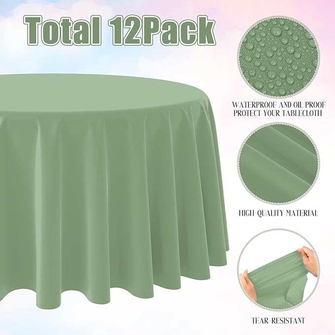 12 Pack Sage Green Plastic Tablecloths Round Light Green Tablecloth Waterproof Disposable Round Sage Table Cover for Birthday Bridal Wedding Baby Shower Party Decorations,84Inch