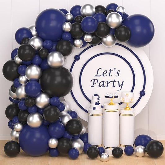 Dark Blue, Navy Blue Black Silver Balloon Garland Kit - Dark Royal Blue Black Balloons Metallic Silver Balloons for Men 30th 40th 50th Birthday Video Game Graduation Retirement Party Decorations