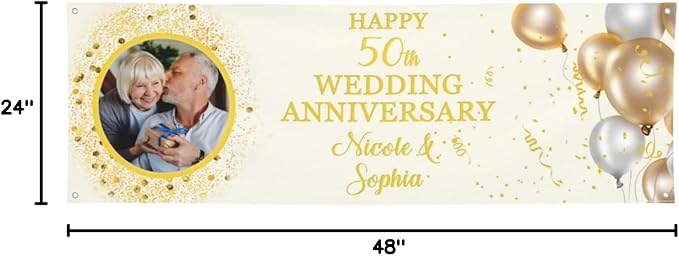 Happy Anniversary Banner Personalized Name Photo Custom Wedding Celebration Banners and Signs Customize Decoration for Couple 4'x2'